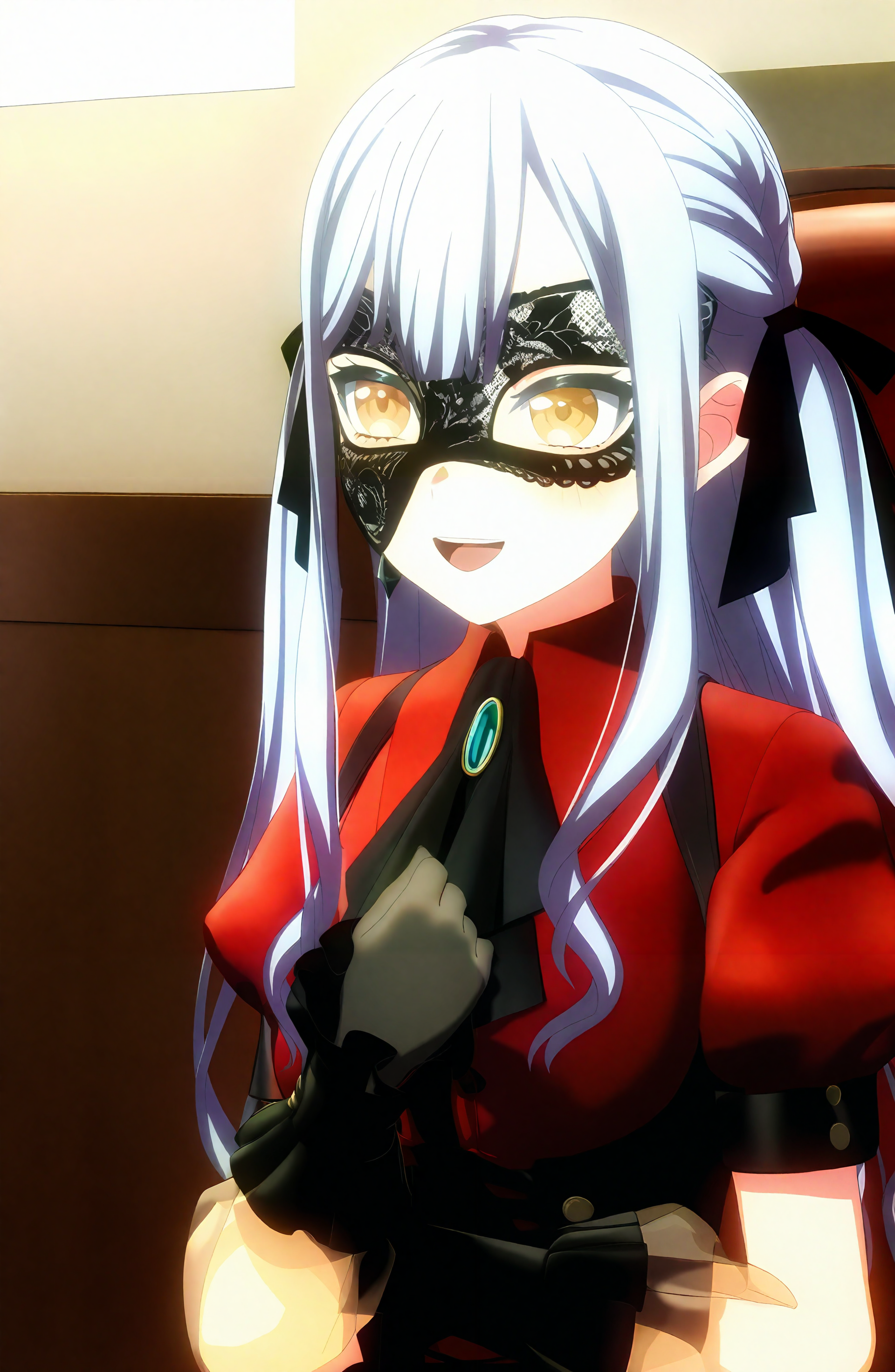 1girl, solo, long_hair, smile, open_mouth, shirt, gloves, ribbon, jewelry, upper_body, yellow_eyes, grey_hair, hair_ribbon, short_sleeves, sidelocks, :d, frills, black_gloves, indoors, puffy_sleeves, hand_up, puffy_short_sleeves, two_side_up, hands_up, ascot, black_ribbon, mask, frilled_sleeves, red_shirt, black_ascot