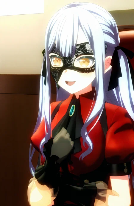 1girl, solo, long_hair, smile, open_mouth, shirt, gloves, ribbon, jewelry, upper_body, yellow_eyes, grey_hair, hair_ribbon, short_sleeves, sidelocks, :d, frills, black_gloves, indoors, puffy_sleeves, hand_up, puffy_short_sleeves, two_side_up, hands_up, ascot, black_ribbon, mask, frilled_sleeves, red_shirt, black_ascot
