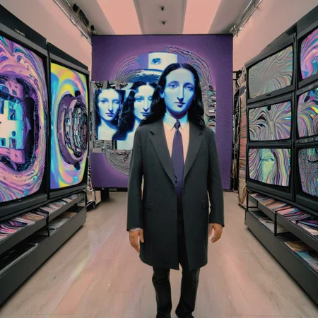 The Mona Lisa, displayed in the warped timelines of an enigmatic glitch spectre as he walks in paranoia through the busy streets of Tel Aviv