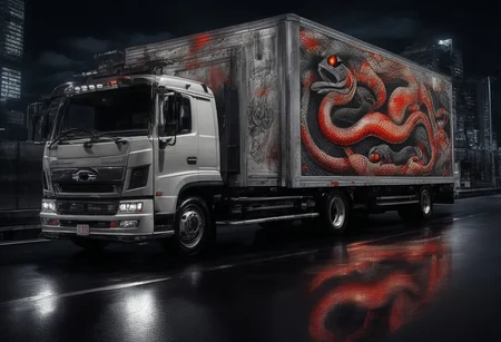 (masterpiece, best quality), highly detailed, ultra-detailed, (night), (city highway), (large truck), (truck bed side:1.3), (japanese tattoo style:1.4), (evil snake:1.5), (serpent scales), (detailed scales), (snake fangs), (glowing red eyes), (menacing), (dark color scheme), (headlights on), (streetlights:1.2), (motion blur:0.8), (high speed), (asphalt road), (reflections), (night atmosphere),Japanese truck