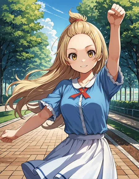score_9, score_8_up, source_anime, 1girl, upper body, medium shot, detailed, mgrcazumihagumu, blonde hair, long hair, yellow eyes, red hairclip, light smile, blue blouse, dynamic pose, wind, outdoors, park, <lora:mgrcazumihagumu_XL:0.9>