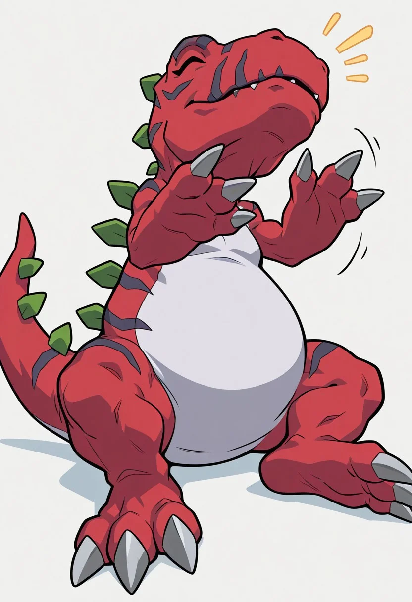 masterpiece,best quality,amazing quality, ultra high detail, good anatomy, perfect anatomy, anatomically correct hands, ultra detailed face, solo, , handsome, male only, Tyrannomon, Tyranomon, Digimon, Digital, Monster, red body, green spines, blue eyes, white belly on just tyrannomon,, three fingers, three toes, feral, buff, male only, tail in view, smile, sitting, eyes closed, happy, playful, clapping