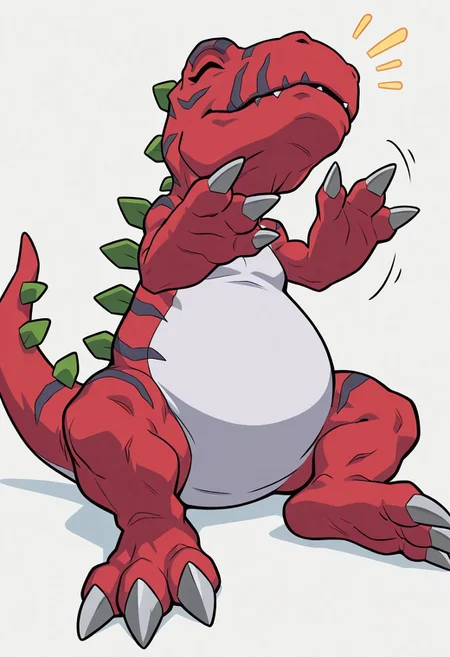 masterpiece,best quality,amazing quality, ultra high detail, good anatomy, perfect anatomy, anatomically correct hands, ultra detailed face, solo, , handsome, male only, Tyrannomon, Tyranomon, Digimon, Digital, Monster, red body, green spines, blue eyes, white belly on just tyrannomon,, three fingers, three toes, feral, buff, male only, tail in view, smile, sitting, eyes closed, happy, playful, clapping