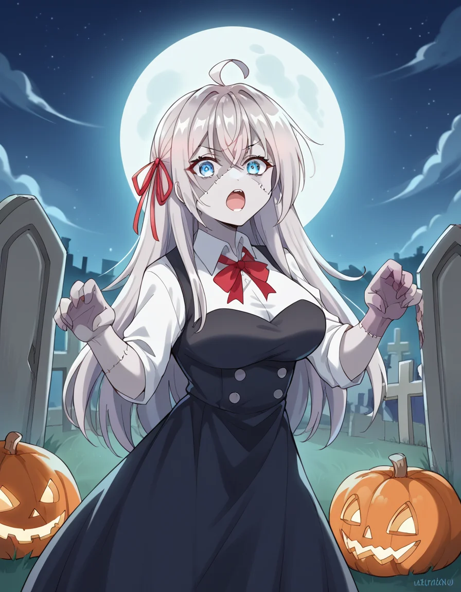 score_9, score_8_up, score_7_up, source_anime, alisamikhailovnakujou, <lora:alisa-mikhailovna-kujou-s1-ponyxl-lora-nochekaiser:1>, alisa mikhailovna kujou, long hair, bangs, blue eyes, hair ribbon, ahoge, grey hair, red ribbon, large breasts,, <lora:zombie-ponyxl-lora-nochekaiser:1>, zombie, colored skin, stitches, grey skin, multicolored skin, stitched face, zombie pose, halloween, halloween costume,, night, moon, graveyard, tombstone, grave, open mouth,, looking at viewer
