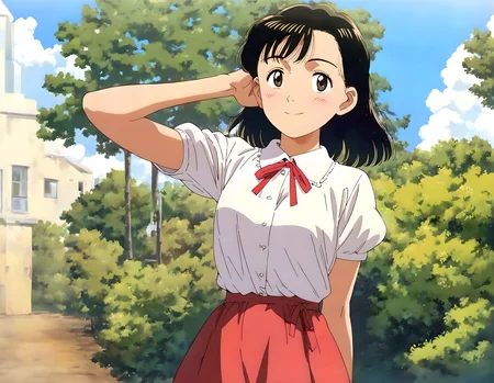 <lora:pony_xl_yawara:0.8>,yawara,score_9,score_8_up,score_7_up,source_anime,best quality,masterpiece,super fine illustration,1girl,solo,cowboy shot,blush,smile,collared shirt,white shirt,puffy short sleeves,frills,red skirt,nature,day,blue sky,high sky,park,a refreshing breeze,standing,adjusting_hair,arm_at_side,looking up at the sky,leaning_back,looking_at_viewer,depth of field,strong rim light,lens_flare,