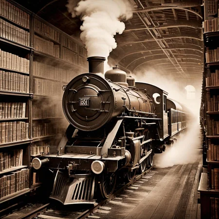 vintage locomotive, steam rising, soot-coated wheels, weathered books as carriages, lines of text forming the tracks, text swirling and twisting, endless library stacks, towering shelves, shafts of light, dramatic lighting, sepia tones