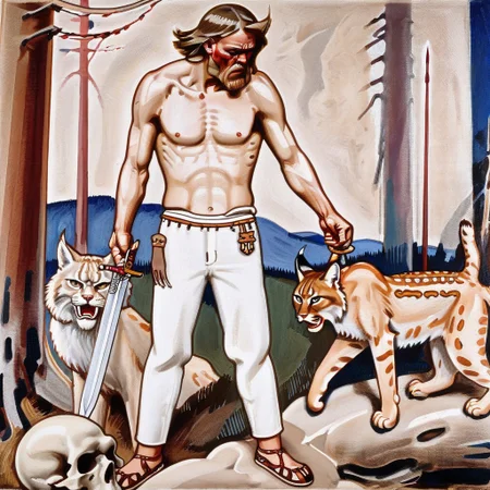 a painting of a man with a lynx, 1boy, male focus, topless male, traditional media, skull, pants, sword, weapon, regret, agk_akseligallen-kallela_-_kalevala
