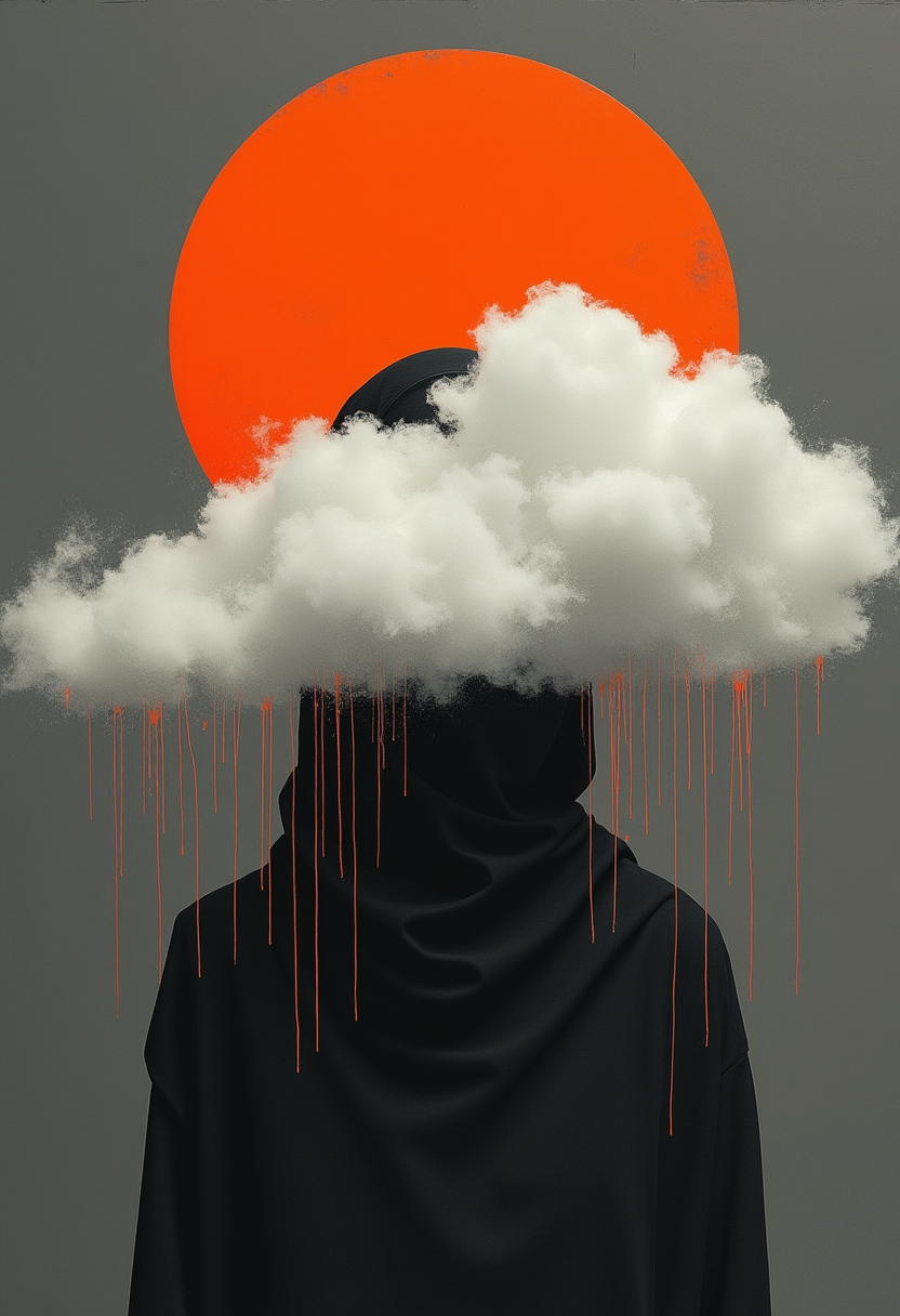 Content:

The fashion low contrast photo depicts a woman in dynamic pose with her head obscured by a single huge long fluffy white cloud and orange rain pouring down from the cloud, bold stroke of paint with subtle shading and contouring to create a sense of volume and depth. Above the head there is a muted orange round sun rising. She wears a minimalistic black burka.

Additional Details:

muted and damaged colors and completely dark grey background with lots of dust scratches and red paint splashes, minimalistic style, huge damage pitch and Intricate textures