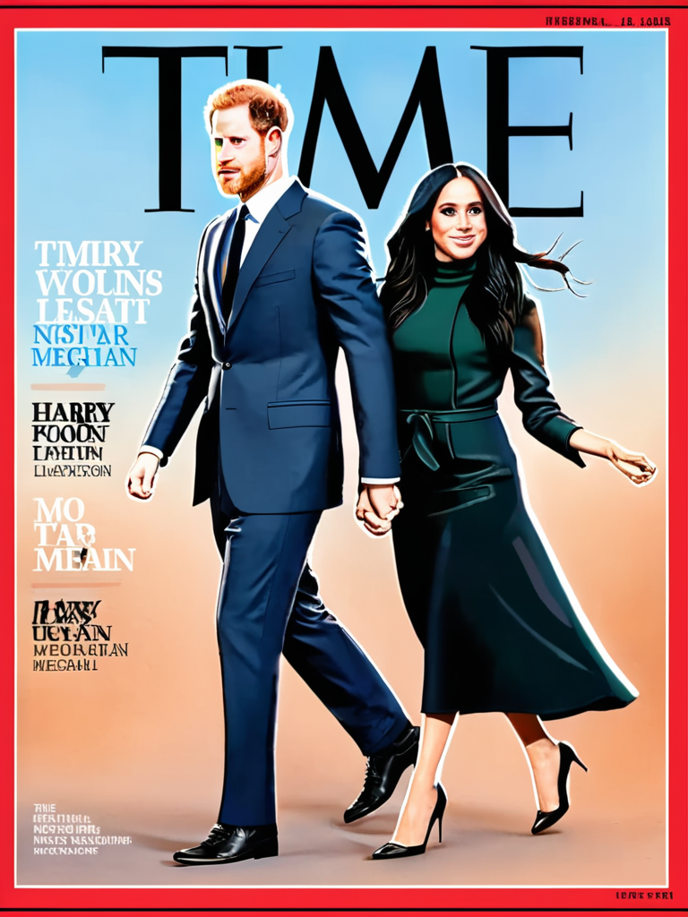 time magazine, cartoonic illustration of harry and meghan <lora:time_xl:1>
