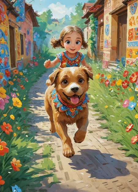 A cute dog running_towards_viewer, (a little girl chasing after:1.3), professional 3D cartoon character design, whimsical animation, vibrant personality, exaggerated features, dynamic pose, expert character design, colorful textures, engaging storytelling, versatile animation styles, captivating visuals, imaginative concepts, playful interactions, high-quality rendering, volumetric, 4k