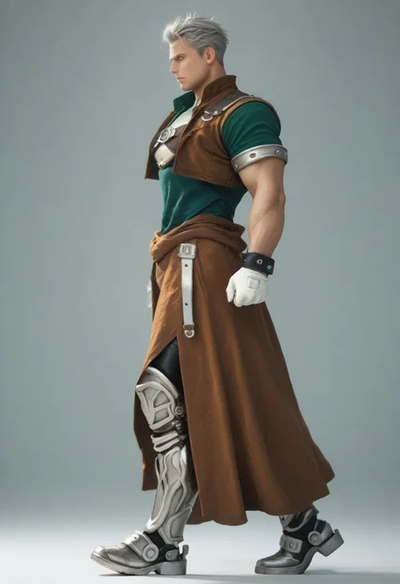 score_9, score_8_up, score_7_up, score_6_up, 1boy, muscular, (view from side:2), (full body view:2), natgra, steel greaves, brown skirt, black pants, green shirt, leather vest, silver belts, white gloves, silver hair,