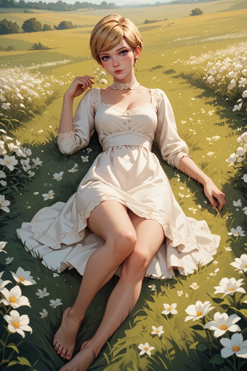 score_9, score_8_up, score_7_up,
<lora:LISVictoria:0.8>
LISVictoria, 1girl, blonde hair, blue eyes, short hair, looking at viewer, lying down in a field of white flowers, dress, barefoot, looking at viewer, blushing