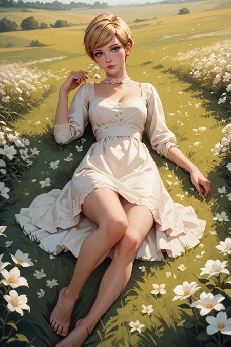 score_9, score_8_up, score_7_up,
<lora:LISVictoria:0.8>
LISVictoria, 1girl, blonde hair, blue eyes, short hair, looking at viewer, lying down in a field of white flowers, dress, barefoot, looking at viewer, blushing