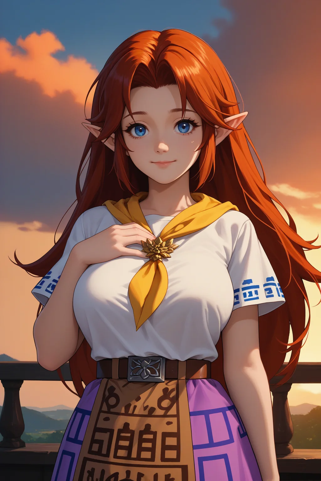 score_9, score_8_up, score_7_up, score_6_up, source_anime, 1girl, solo, <lora:malon-pdxl-nvwls-v1-000005:1> cremia, red hair, long hair, pointy ears, white shirt, yellow neckerchief, short sleeves, belt, purple skirt, long skirt, brown apron, looking at you, sunset, hand on own chest, big breasts, smile, sad
