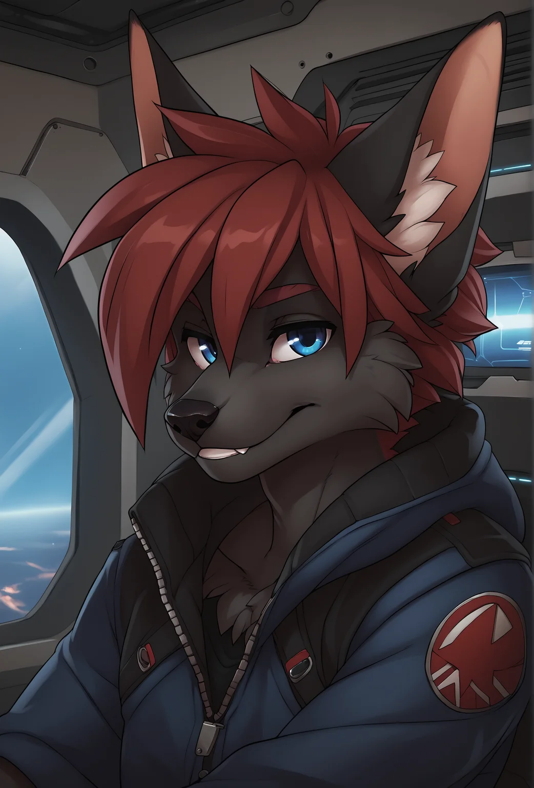score_9, score_8_up, score_7_up, score_6_up, score_5_up, score_4_up, spacecraft, indoors, BREAK
<lora:nytro_fluffkevlar_ponyXL_v1.5_0.99:1> nytro, 1boy, solo, furry, red hair, black fur, blue eyes, jacket, smile, looking at viewer, portrait, close-up