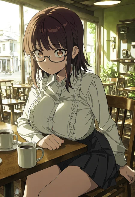 masterpiece, best quality, amazing quality, very aesthetic, absurdres, newest, scenery, 1girl, solo, huge breasts, surprised, <lora:Fujimiya Sumika illustxl:0.9> brown eyes, under-rim eyewear, black-framed eyewear, brown hair, braid, blunt bangs, sidelocks, medium hair, white shirt, collared shirt, frills, long sleeves, black skirt, pleated skirt, miniskirt, cafe, indoors, sitting, on chair, table, coffee mug, Plate, looking at viewer, anime screenshot, masterpiece, best quality, amazing quality, very aesthetic, absurdres, newest, scenery, volumetric lighting