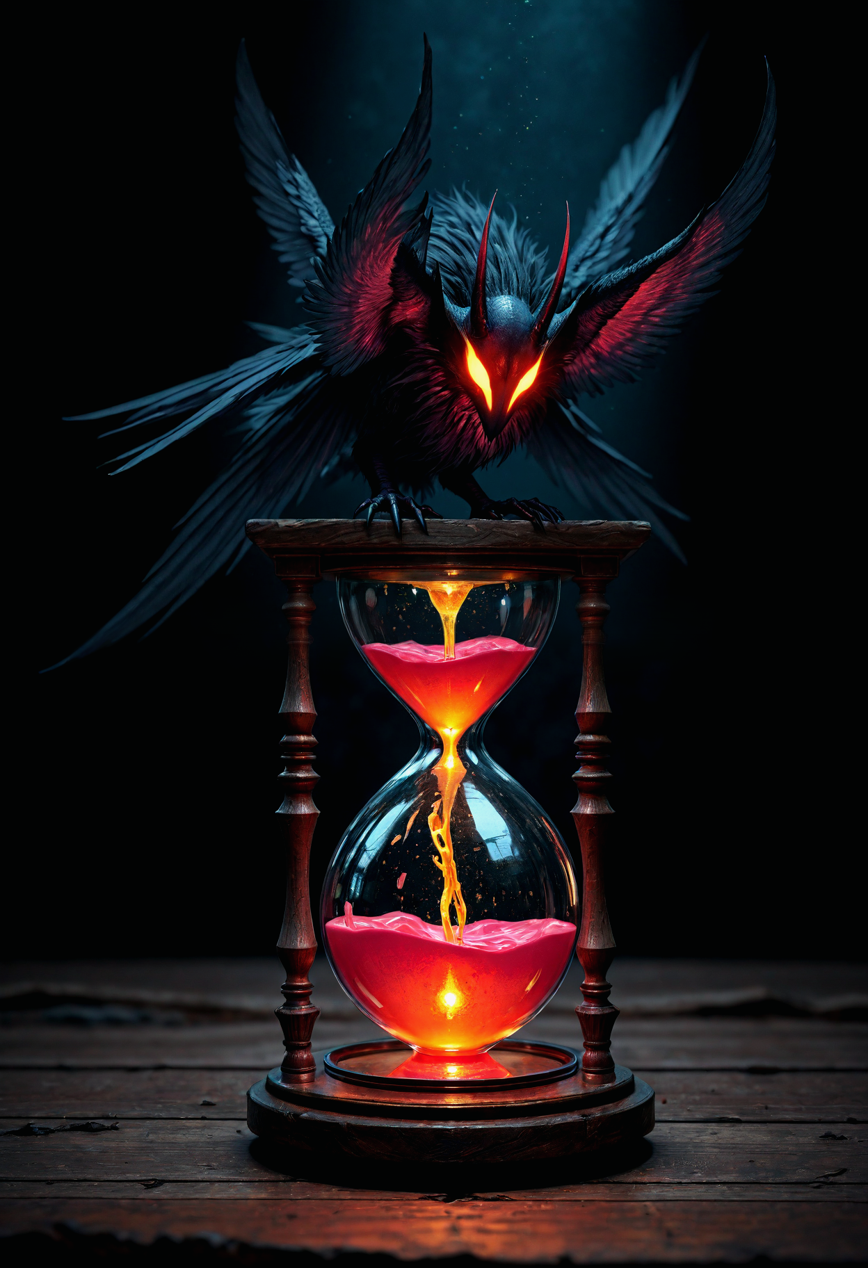 Da3k_fanla5y_a3t.
A stunning image portraying an hourglass containing an opalescent liquid levitating above an infernal symbol on a dark weathered wooden desk. Set in a cursed ruin. With intense lighting underlining the nightmarish scenery. The image's style is unique, characteristic and imaginative. The color theme is emphasizing the tone and mood skillfully.
<lora:il_Dark_Fantasy_Art.safetensors:0.8>
