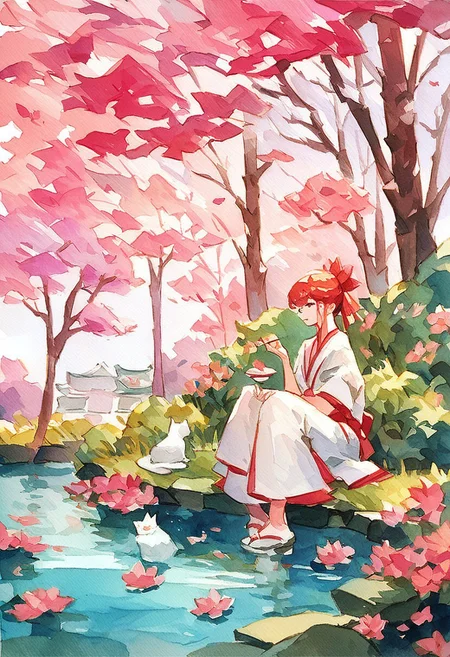 score_9, score_8_up, score_7_up, score_6_up, watercolor painting, japanese calligraphy, 1woman, human Japanese woman sitting, cat, flowers, sakura tree, pink leaves, pond