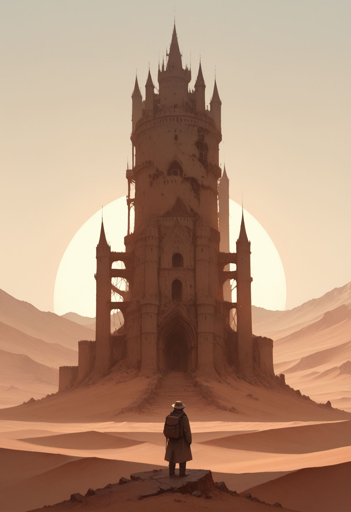 scenery, outdoors, standing, castle, ambiguous gender, solo, , desert, 1boy, from behind, 1other, sky, , hat, ruins, tower, male focus, wide shot, mountain, building, coat, backpack, facing away
.<lora:newrimixL:1>, <lora:Detailer_NoobAI_Incrs_v1:0.75>, masterwork, masterpiece, best quality, dynamic lighting , dynamic pose,,  dynamic angle, , ,  (lineless:1.2), detailed, depth of field, dynamic lighting, blurry, (cheekbones:0.75), 
<lora:zy_illustrious_Realism_Enhancer_v1:0.5> adult, aged up,