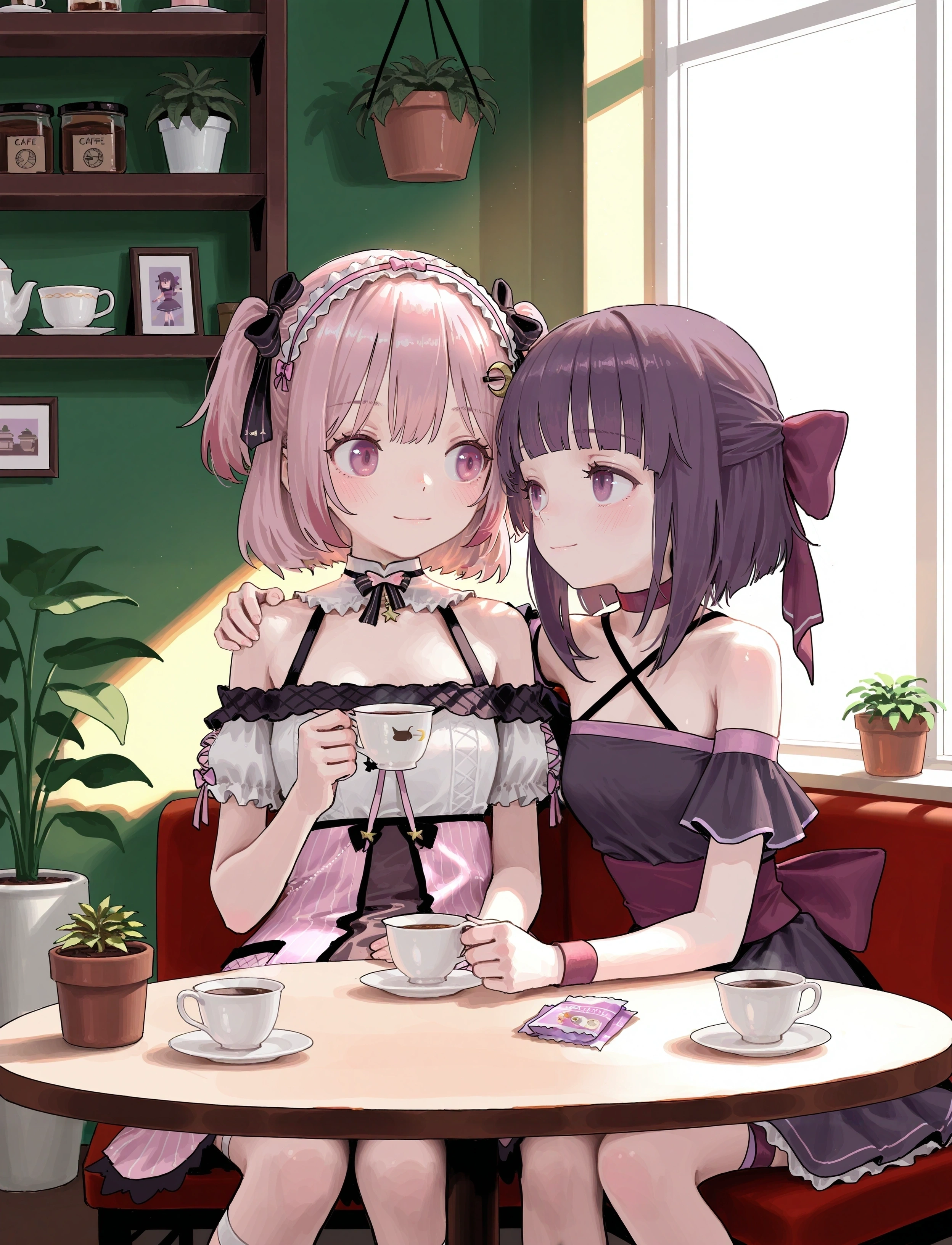 2girls,
lemonleaf, hairband, crescent hair ornament, pink hair, detached sleeves, short sleeves,  two side up, 
fallenshadow, (looking at another:1.1), looking down, 
sitting, arm around shoulder, bare shoulders, 
cafe, sunlight, smile, teacup, teabag, holding cup, 
loaded interior, shelf, potted plant,
(muji \(uimss\):1.1), reddizen, hiramedousa, xilmo, fjsmu, fkey,
masterpiece, very awa
<lora:char_lemonleaf-ill-v1.1:1>