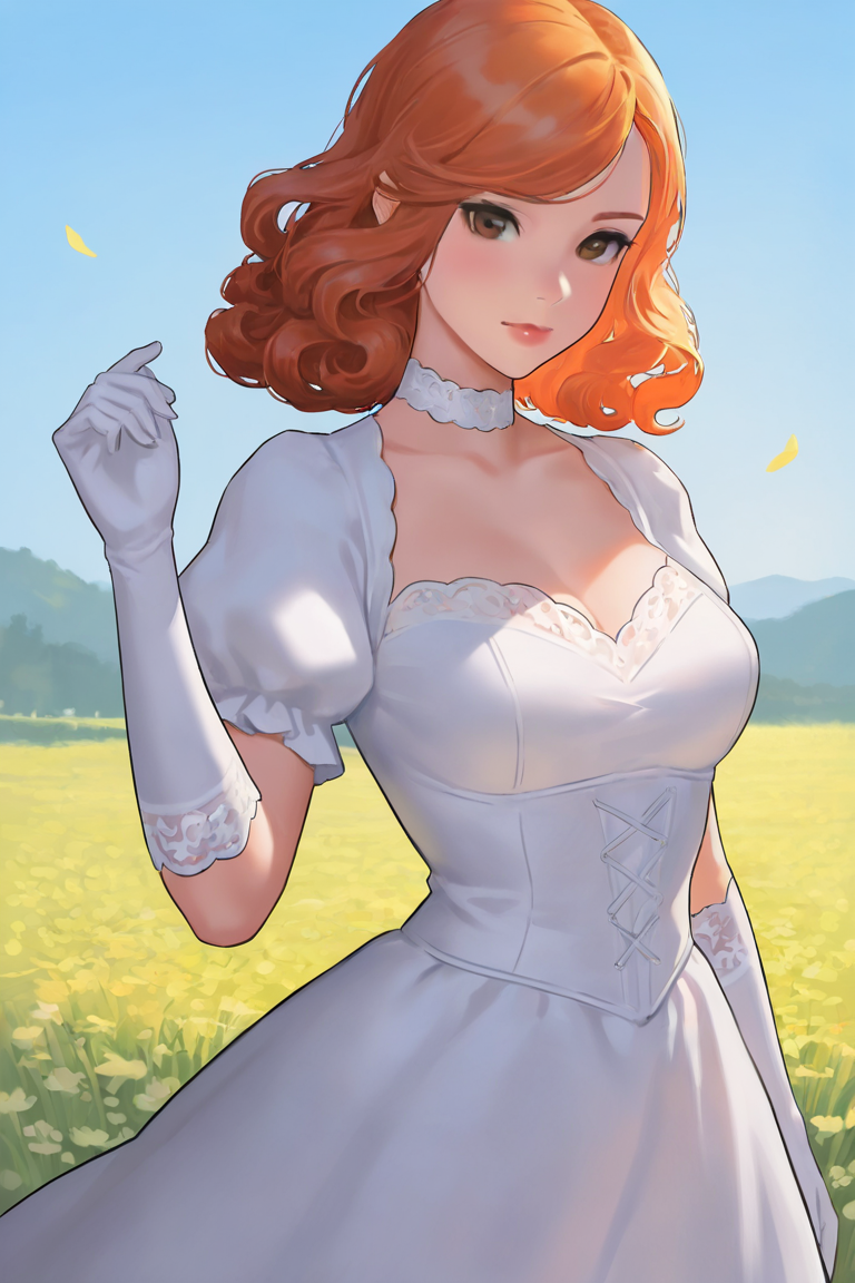 masterpiece, best quality, highres, newest, 1girl, solo, medium hair, curly hair, wavy hair, orange hair, swept bangs, brown eyes, lips, lipstick, looking at viewer, medium breasts, choker, medium dress, white dress, lace trim, puffy sleeves, puffy short sleeves, short sleeves, gloves, elbow gloves, white gloves, hand up, cowboy shot, closed mouth, standing, outdoors, field, flower, grass, plant, sky <lora:NAI3 Smooth Boys - Colored Skin [LoRA] - NoobAI-XL EPS 1.0:0.8>
