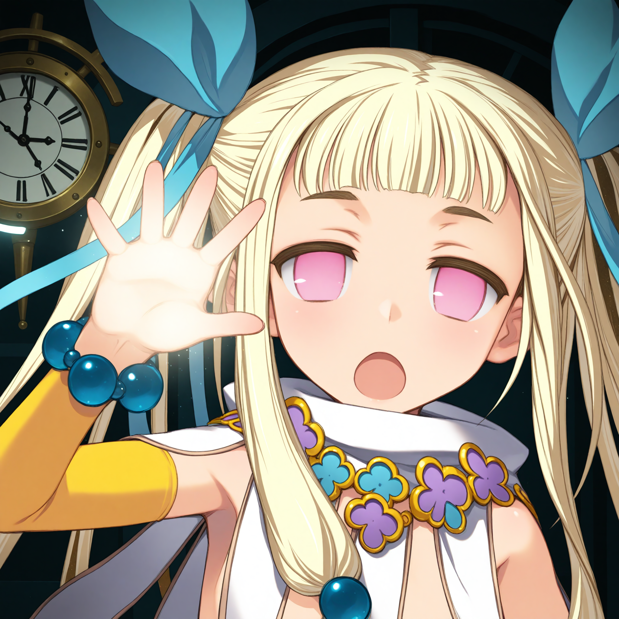 <lora:Serachrolas_2_nai:1>,Serachrolas,no pupils,
official outfit,jewelry,bracelet,detached sleeves,white scarf,beads,yellow sleeves,
1girl,solo,hand up,clock,open mouth,looking at viewer,close-up,portrait,face_focus,dark,glowing,light,glowing hand,