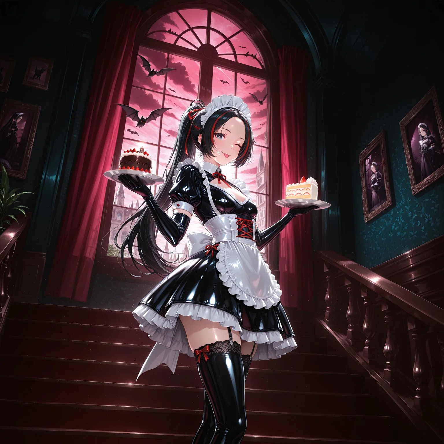 (1 girl, standing on stairs, holding a plate of cake, look at viewer, :P, wink), (cross laced, shiny, glossy, latex, maid outfit, maid headdress, latex elbow gloves, stockings, ribbons), ((great anatomy, correct anatomy, akariL, wide forehead, black hair, long hair, ponytail, red_streaked_hair, greenish_grey_pupils, red_iris, small breasts)),

low angle, side view,

(background focus), indoors, manor, stairs, two flights of stairs, plant, paintings, window, curtains, pink sky, bats \(animal\), night,

((masterpiece, absurdres, newest, best quality, visual impact, very aesthetic)), (perfect quality, best quality, absolutely eye-catching), 4K, detailed facial features, detailed clothing features, detailed texture, (illustration, absolutely eye-catching, ambient occlusion, raytracing, photorealism, very highly detailed), 