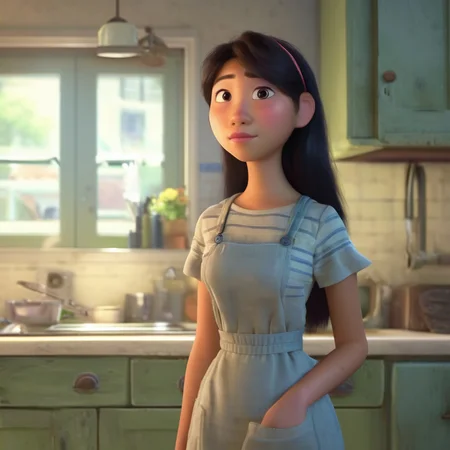 pixar style, beautiful 18 yo Asian woman standing in a home kitchen  <lora:PixarXL-000003:1>