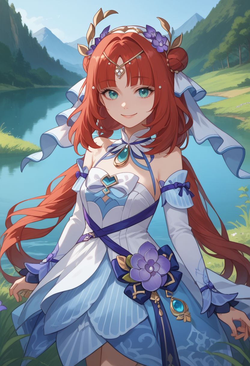 score_9, score_8_up, score_7_up, source_anime, 1girl, nilousabaa, red hair, long hair, aqua eyes, parted bangs, low twintails, medium breasts, hair ornament, hair flower, purple flower, hair bun, fake horns, circlet, white dress, detached sleeves, bare shoulders, long sleeves, white veil, gem, brooch, blue gemstone, standing, smile, looking at viewer, outdoors, lake, sun, grass, cowboy shot, <lora:Nilou_v1-000007:1>