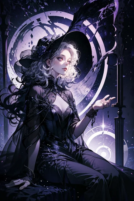 1girl, a witch, curly hair, sitting in a front of ((magical portal)), sinister expressions , huge cauldron, spider webs, portal shows night sky with stars <lora:CL-EnvySorceress:0.5> witch, indoor, ((portal to another world)), low key lighting <lora:EF-LowRA:0.25> dark theme2 <lora:EF-add_detail:0.5> <lora:CL-edgHaute_Couturev3:0.15> Haute_Couture, designer dress, wearing Haute_Couture <lora:JW:0.5> <lora:ST-Cosmic anime-oil fusion v2:0.25> <lora:Painted_poster_V1-000035_1_pp:0.75> Painted poster<lora:EF-GoodHands-beta2:0.5><lora:EF-GoodHands-beta2:0.5>