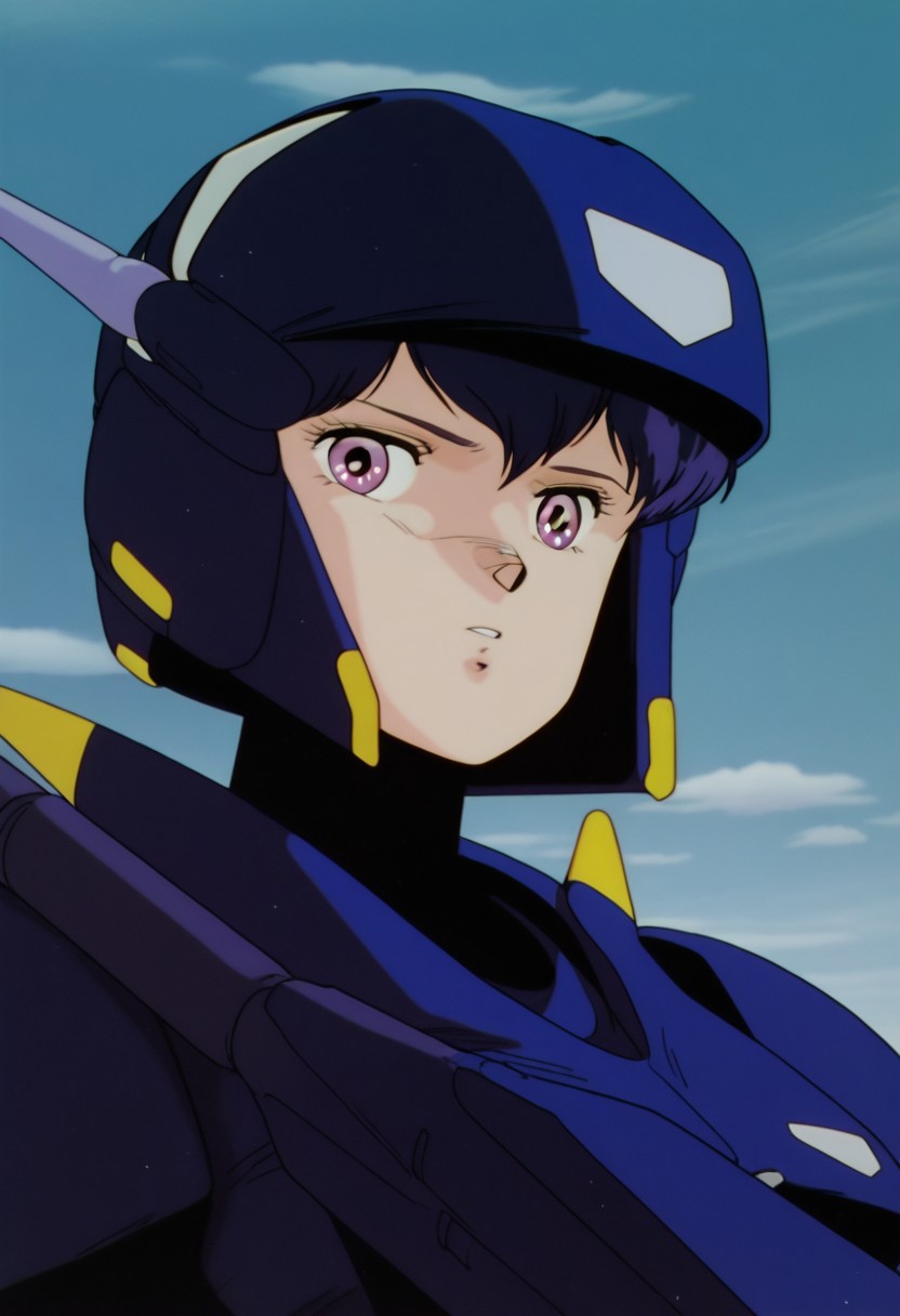 masterpiece, best quality, source_anime,official art,perfect_anatomy,1980s_\(style\),retro_artstyle,1girl,solo,miki swat,1girl,helmet,mouth mask,mecha,armor,looking_at_viewer,upper body,holding weapon,day,blue_sky,cloud