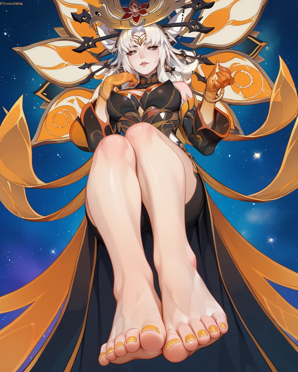score_9, score_8_up, score_7_up, source_anime,score_6, 1girl, stars background, mature woman, view from below, breasts, blush, feet,white hair, yellow eyes, Phantylia_The_Undying, <lora:Phantylia_The_Undying:0.8>