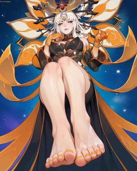 score_9, score_8_up, score_7_up, source_anime,score_6, 1girl, stars background, mature woman, view from below, breasts, blush, feet,white hair, yellow eyes, Phantylia_The_Undying, <lora:Phantylia_The_Undying:0.8>