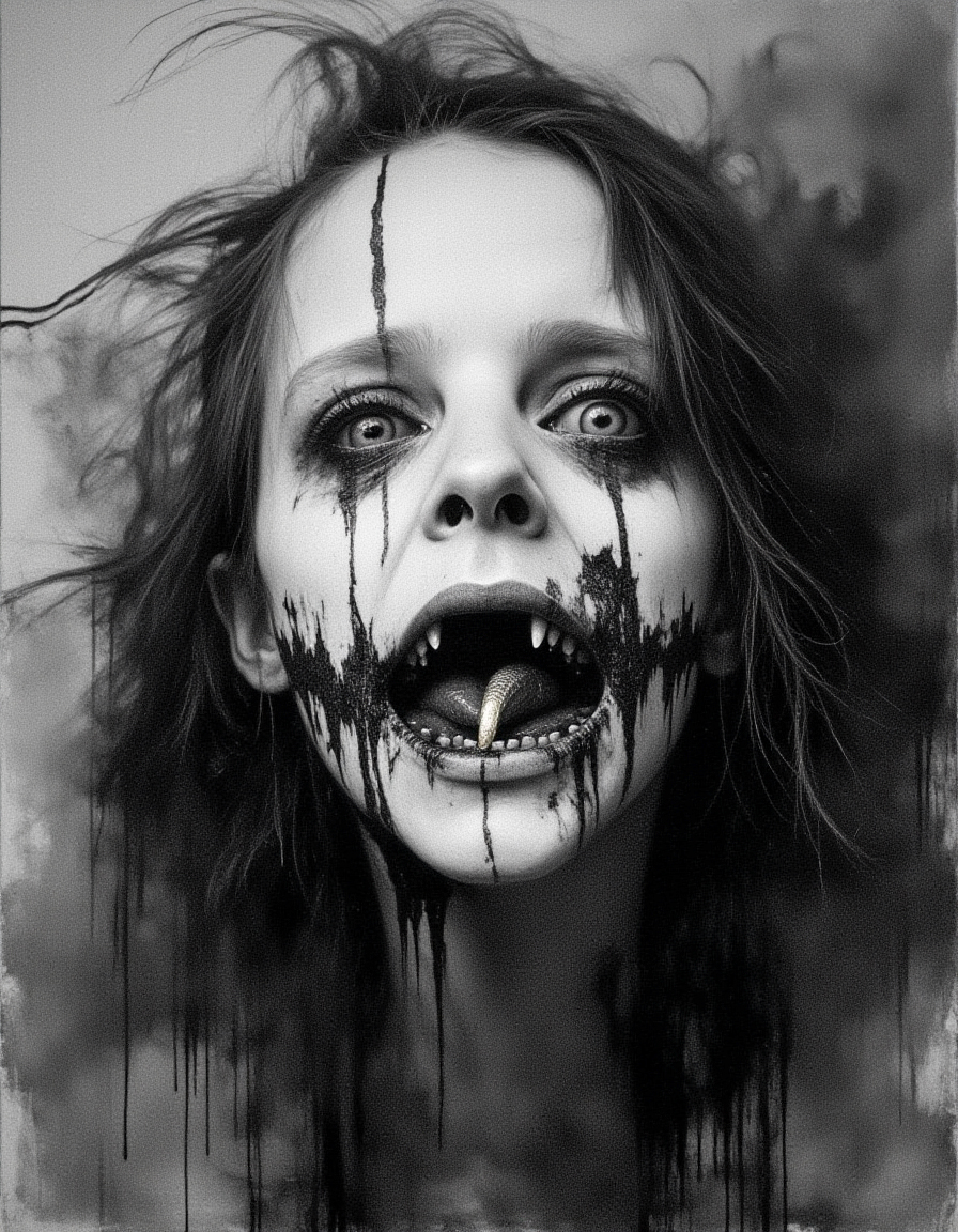 Analog photo, eerie and haunting extreme face close-up ofaman with a weathered, menacing, surreal appearance, with an unnerving smile with missing teeth, striking eyes, and grotesque features. They have one gold-colored tooth and wear the remains of a tattered cloak with sci-fi elements. The eyes are shaded, sad and pained, with a contagious sorrow accentuating the intense, unsettling gaze. The macabre photograph is hyper-detailed, taken on an older analog camera, featuring a vibrant neon fluorescent monochromatic gradient background in bleached tones, combined with gray and white color grading for a dramatic effect.
<lora:Dark_Art-v1.14:1> Dark Art