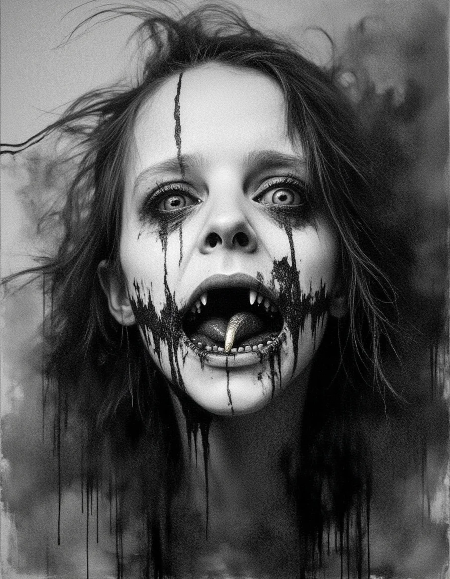 Analog photo, eerie and haunting extreme face close-up ofaman with a weathered, menacing, surreal appearance, with an unnerving smile with missing teeth, striking eyes, and grotesque features. They have one gold-colored tooth and wear the remains of a tattered cloak with sci-fi elements. The eyes are shaded, sad and pained, with a contagious sorrow accentuating the intense, unsettling gaze. The macabre photograph is hyper-detailed, taken on an older analog camera, featuring a vibrant neon fluorescent monochromatic gradient background in bleached tones, combined with gray and white color grading for a dramatic effect.
<lora:Dark_Art-v1.14:1> Dark Art