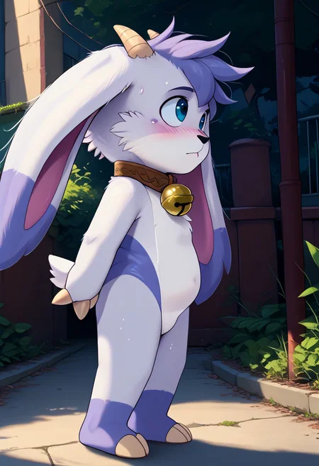 score_9, score_8_up, score_7_up, (by shinodage), outdoor, sexy, sweat, dutch angle, looking aside, high quality, hires, solo, anthro, furry, detailed background, detailed eyes, emotional, easynegative, Split Lighting style,
billie_bbu, furry goat, horns, bell, blush, male focus, body fur, animal ears, 1boy, collar, blue eyes, neck bell, two-tone fur, tail, hooves, white fur