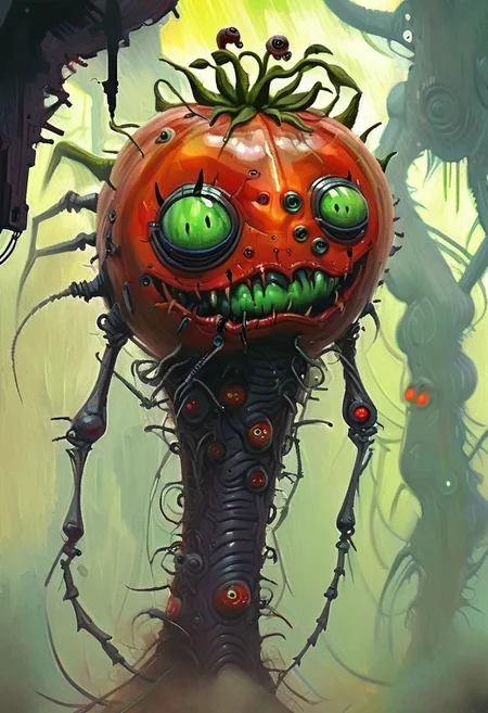 w4rh4mm3r style oil painting, grimdark, cybernetic ,
tall creepy Tomatoes man monster, lascivious smile