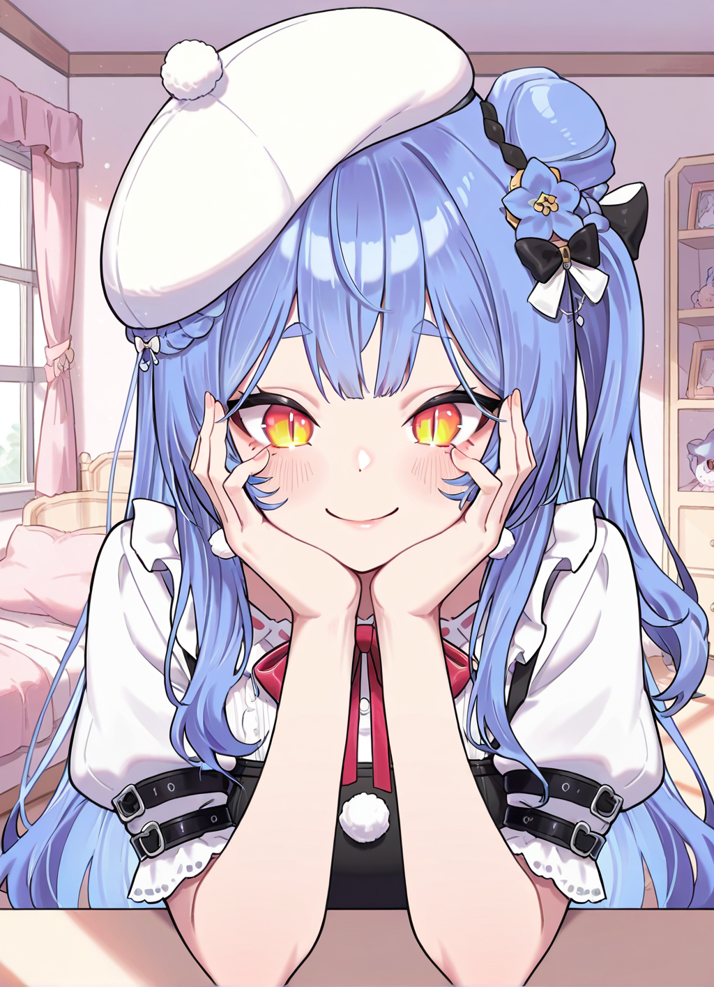 masterpiece, best quality, 1girl, pov, upper body, indoors, hands on face, azusavirtuareal, blue hair, virtual youtuber, long hair, smile, hat, slit pupils, <lora:AzusaVirtuaReal:0.8>