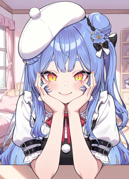 masterpiece, best quality, 1girl, pov, upper body, indoors, hands on face, azusavirtuareal, blue hair, virtual youtuber, long hair, smile, hat, slit pupils, <lora:AzusaVirtuaReal:0.8>