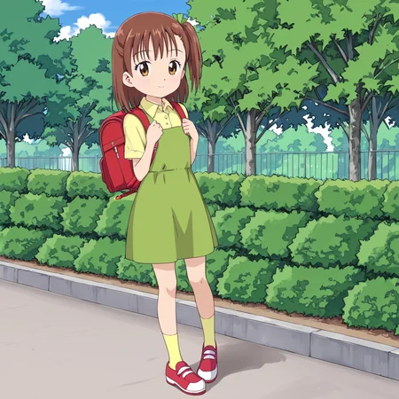 outside, <lora:v2:1> jerikatou, 1girl, solo, brown hair, green dress, yellow collared shirt, side ponytail, brown eyes, shoes, yellow socks, red backpack