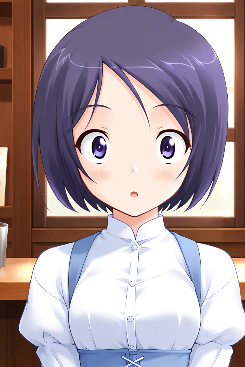 masterpiece, best quality, absurdres, official art, official style, rating general BREAK <lora:katsurazawahonami_IL_v1-2:0.7>, katsurazawa honami, 1girl, solo, purple eyes, purple hair, short hair, bob cut, parted bangs, swept bangs, small breasts BREAK casual, blouse, white shirt, dress shirt, collared shirt, underbust, buttons, juliet sleeves, blue dress, blue corset, cross-laced corset, standing, portrait, close-up, indoors, cafe,
blush, :o, looking at viewer, open mouth, parted lips, surprised, wide-eyed