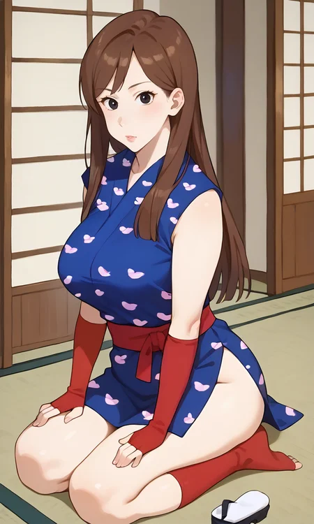 (1girl:1.5), (solo:1.3), (score_9, score_8_up, score_7_up, score_6_up, score_5_up, score_4_up), (source_anime), rating_questionable,
<lora:agent-ogin_v1:0.9> (agent-ogin), (slightly chubby, black eyes, eyelashes, brown hair, long hair, lips), (blue kimono, short dress, japanese clothes, side slit, sleeveless, red obi, red fingerless gloves, elbow gloves, red socks, tabi), (large breasts),
outdoor, japanese temple, tatami, barefoot, kneeling,