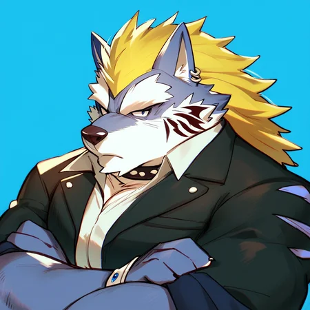 score_9, score_8_up, score_8, furry, Fenrir, wolf, blue fur, yellow hair, earrings, cartoon style, 2d, muscular male, huge pecs, solo, upper body focus, face close up, black jacket, looking at viewer, stern expression, arms crossed, blue background