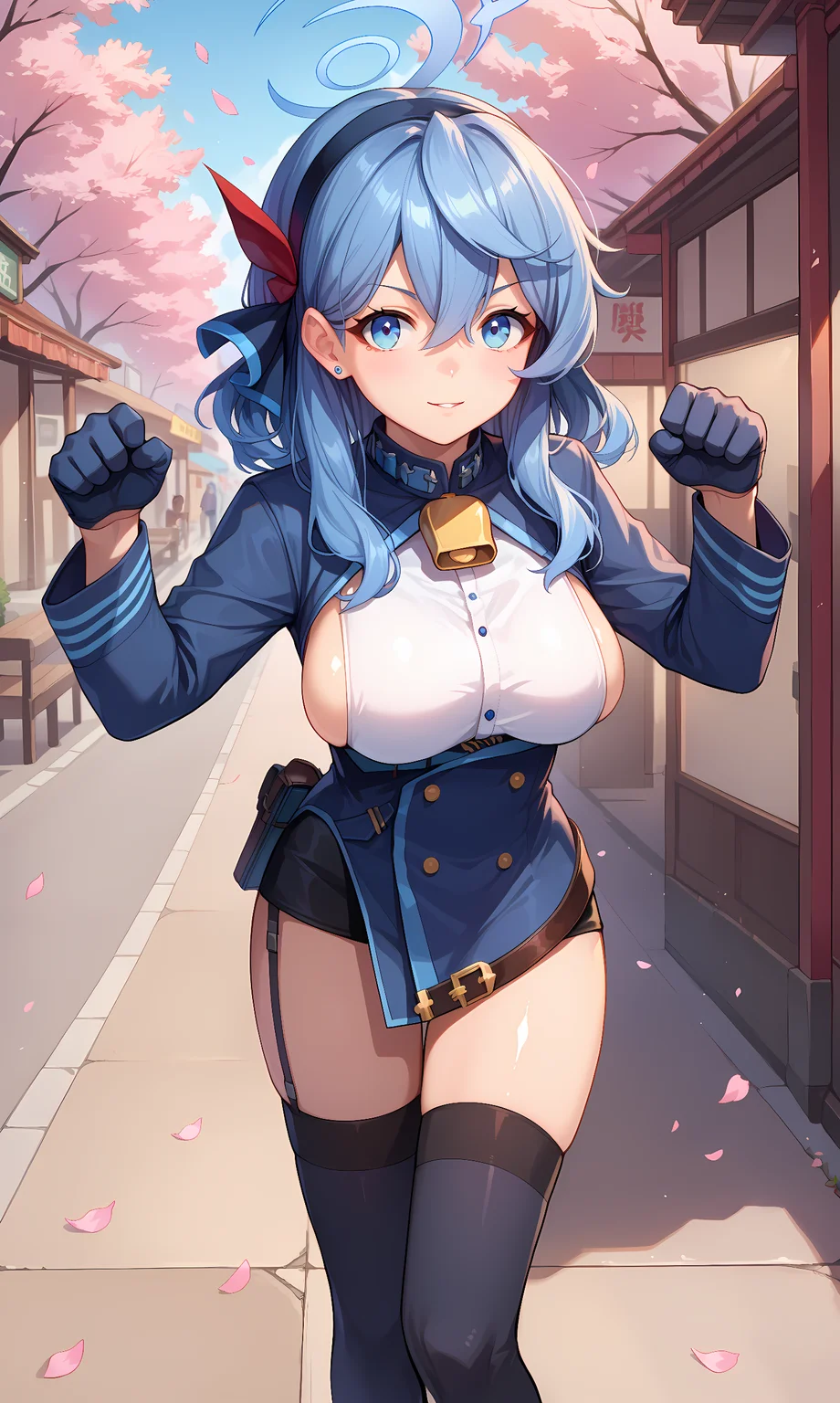 score_9, score_8_up, score_7_up, source_anime, 1girl, solo, outdoors, street, cherry blossoms, cowboy shot, standing, looking at viewer, shiny skin, amau_ako, blue eyes, blue hair, long hair, hair between eyes, hair ornament, hairband, stud earrings, halo, neck bell, sideless outfit, sideboob, black skirt, garter straps, black thighhighs, white shirt, black gloves, half gloves, blue jacket, long sleeves, blue gloves, black footwear, leaning forward, paw pose