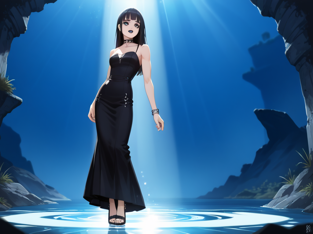 score_9,score_8_up,score_7_up, <lora:PONY_FP32_Realism:1> , 1girl, solo, Dutch tilt, backlighting, scared, (goth, black lipstick, silver jewelry, silver piercings, black mascara, black eyeshadow), (average build),medium height, inky oozing hair color,choker, (bloodless white rough skin), toned arms, <lora:bigSaggyBreastsPony2:1>, slight belly, slim hips, long legs, (relaxed stance), ephemeral floating portal coral reef, (black fancy dress, white trim, goth), <lora:Keibo_Style:1> KeiboStyle