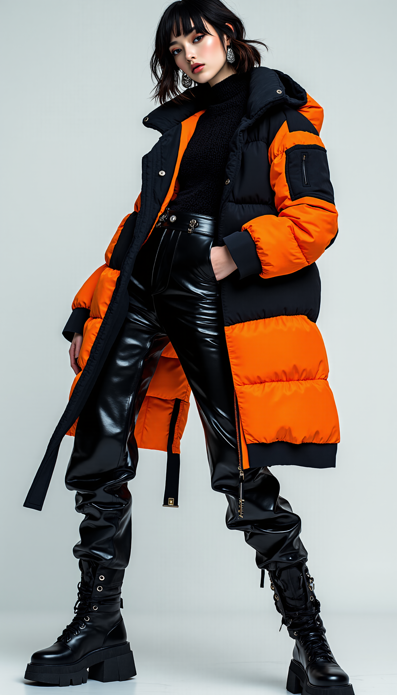 A high-fashion editorial shot of a model dressed in an edgy, contemporary outfit, showcasing an effortless combination of streetwear and haute couture. The model strikes a dramatic, angular pose, with bold accessories and statement pieces that exude a sense of modernity and artistic flair. The use of contrast in the outfitâdark tones with pops of vibrant colorâadds to the edgy, chic aesthetic. The background is minimal and clean, drawing full attention to the modelâs commanding presence and innovative styling, midjourney_whisper_avant_couture, <lora:midjourney_whisper_avant_couture_v01:1>,
