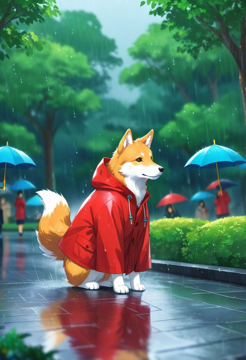 animal, Hachiko in a red raincoat, raining, park, digital storybook illustration, textured brushwork, sharp focus, high detail, blurry background, 8k resolution