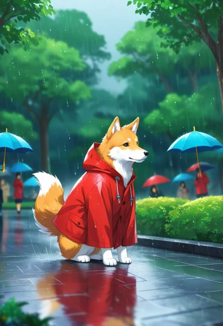animal, Hachiko in a red raincoat, raining, park, digital storybook illustration, textured brushwork, sharp focus, high detail, blurry background, 8k resolution