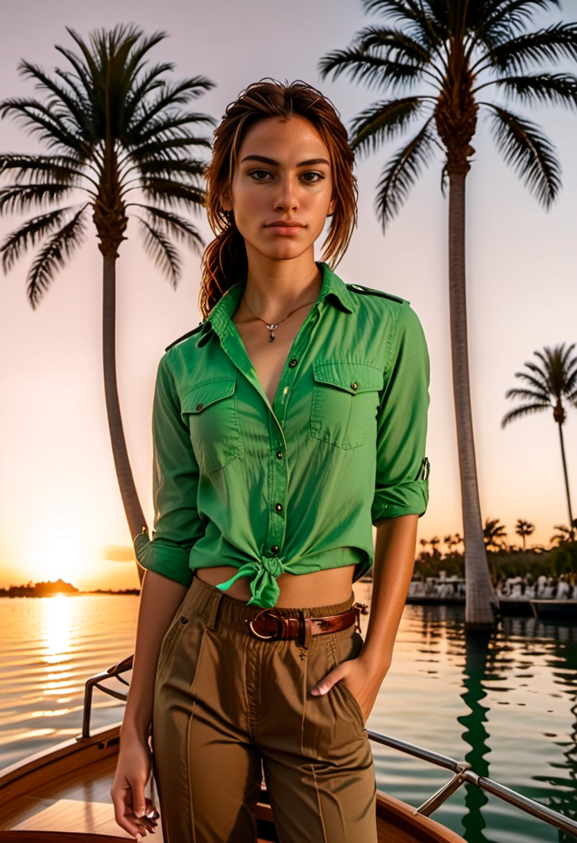 <lora:Evie_Frye_xl-000009:1> a woman in a green shirt and brown pants posing on a boat at sunset with palm trees in the background and a body of water