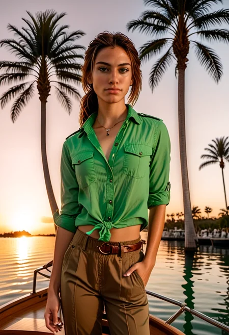<lora:Evie_Frye_xl-000009:1> a woman in a green shirt and brown pants posing on a boat at sunset with palm trees in the background and a body of water